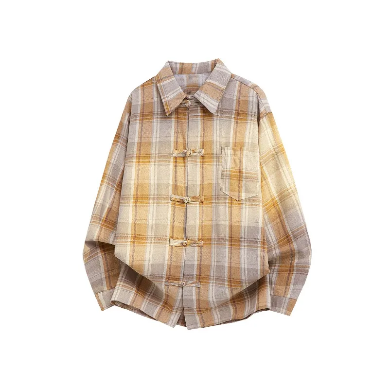 

Chinese Style Plaid Shirt with Frog Buttons Long Sleeve Loose Retro Gradient Blouse Casual Daily Top