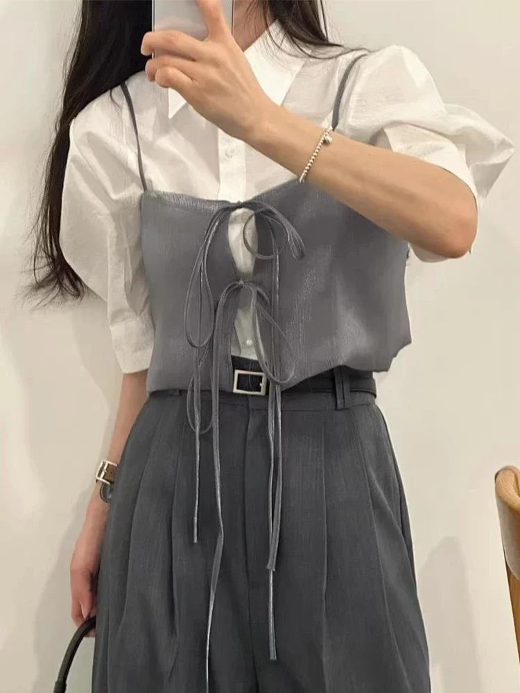 Korea Chic Summer Outwear Base Short Tops Women Square Collar Lace Up Loose Casual Stacked Vest  All Match Sling Elegant Camis