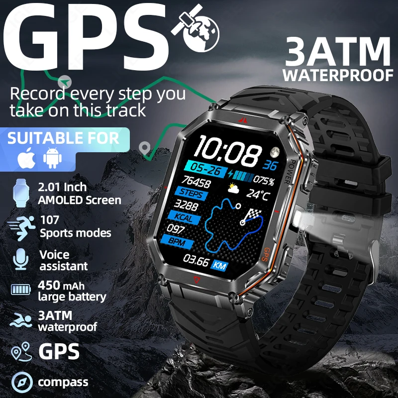 

LIGE Спорт на открытом воздухе GPS-трекер Смарт-часы 2,01-дюймовый HD-экран Светодиодный фонарик Bluetooth Вызов Смарт-часы для мужчин Праздничные подарки