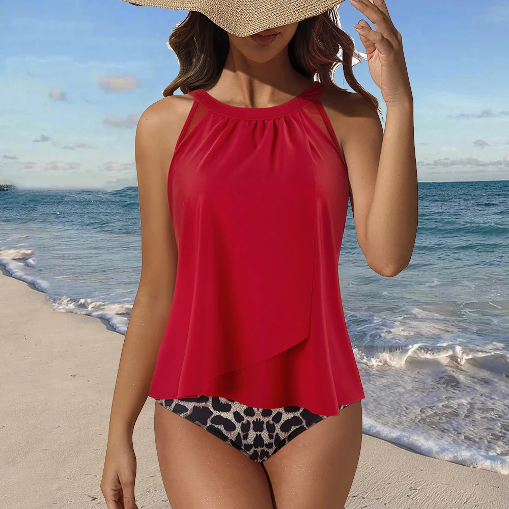 2XL Size Tankini Women Padded Top Beachwear With Adjustable Shoulder Straps Printed High Waisted XXL Size 2 Piece Bikini Sets