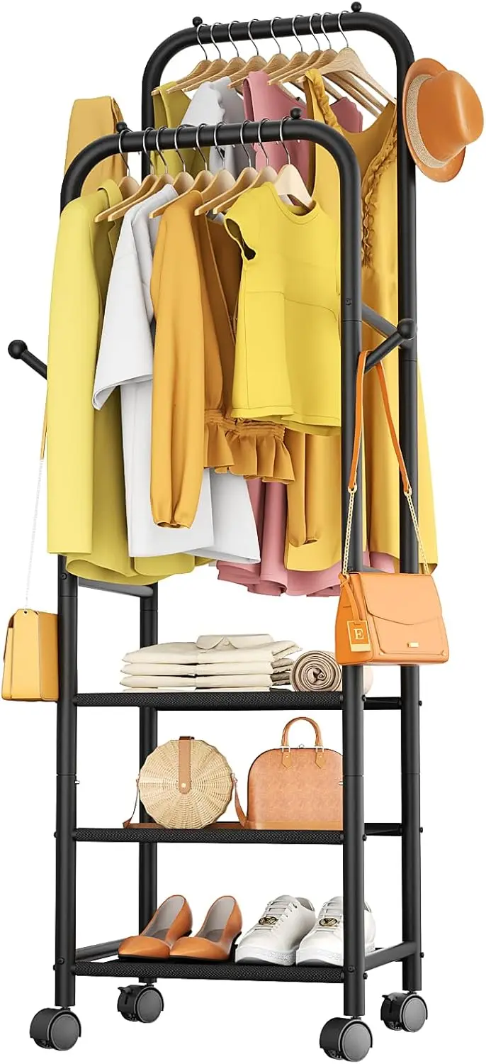 

Двухсекционная вешалка для одежды на колесиках, прочная портативная стойка для одежды для спальни, прачечной, гостиной, черная