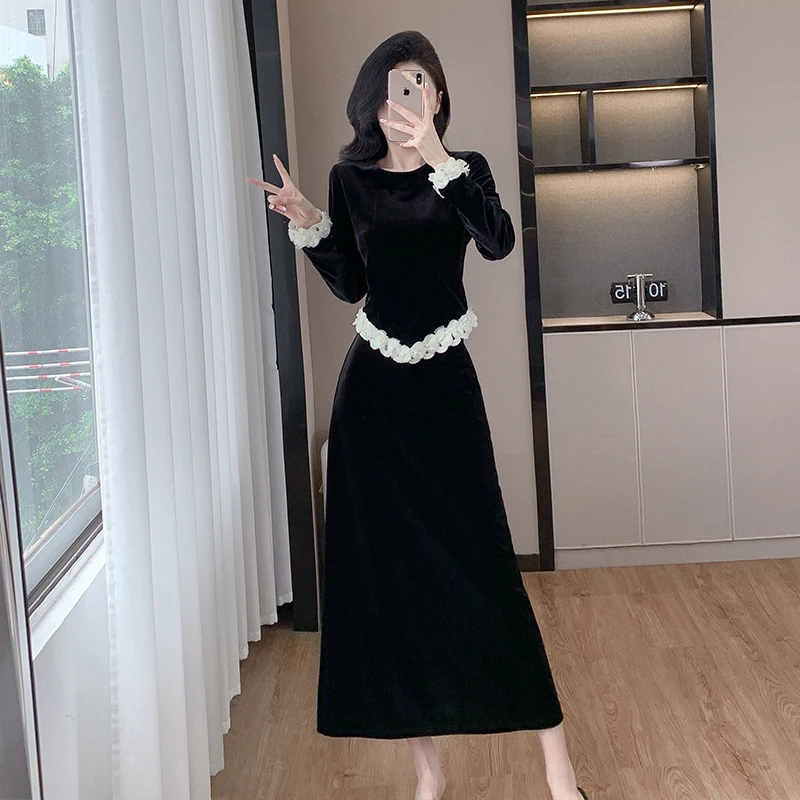 High Quality Women Velvet Office Two Piece Set New Autumn Long Sleeve Beading Floral O Neck Tops + Midi Velour Black Skirt Suits