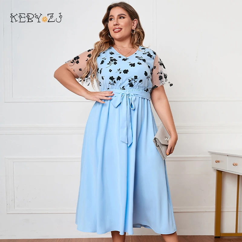 

KEBY ZJ 3XL 4XL Plus Size Women Clothing Lace Short Sleeve Long Dress Summer V-Neck Belt Blue Floral Print Lady Big Size Dresses