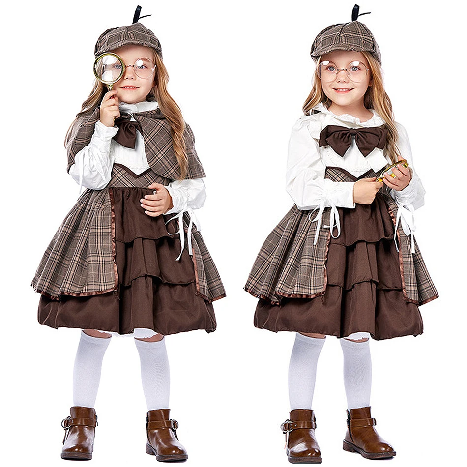 

Detective Cosplay Lolita Dress Shawl Set Girls Preppy Long Sleeved Outfits Children Performance Carnival Party Plaid Costumes