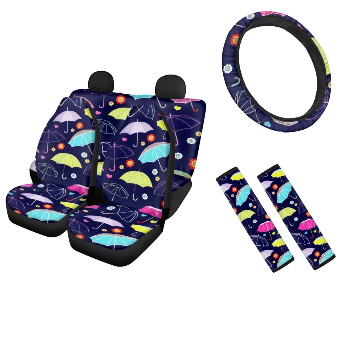 

Umbrella Cartoon Design Pattern Car Seat Covers Universal Auto Steering Wheel Cover Fashion Truck Accessories Seat Belt Sets