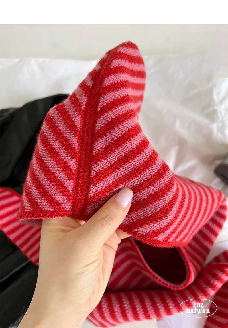 Winter Knitted Hat with Scarf Women Korean Version of Striped Scarf Hat Female Retro Warm Shawl Neck Wool Knit Hat Hooded