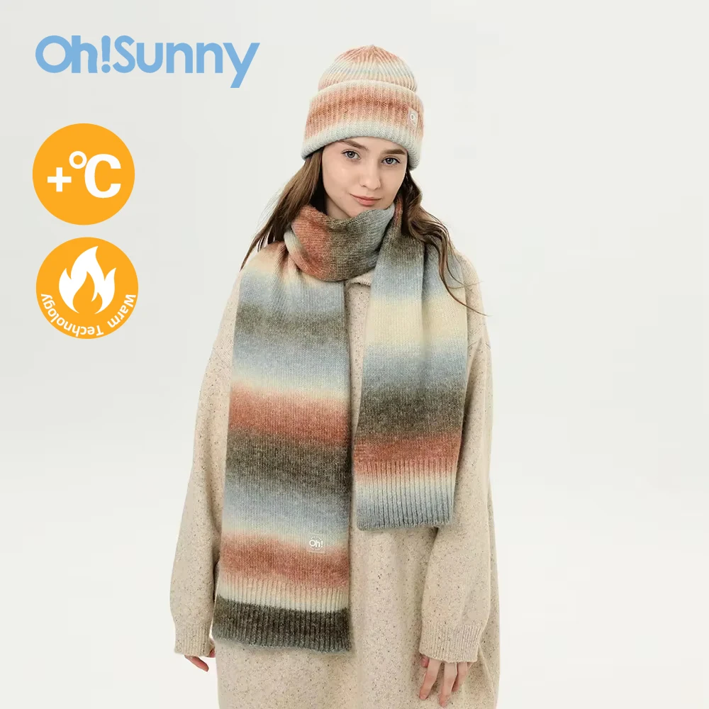 OhSunny 2 Pieces Wool Beanies Hats Rainbow Scarf for Women Winter Thermal Solid Color Knit Hat Acrylic Cute Warm Bonnet