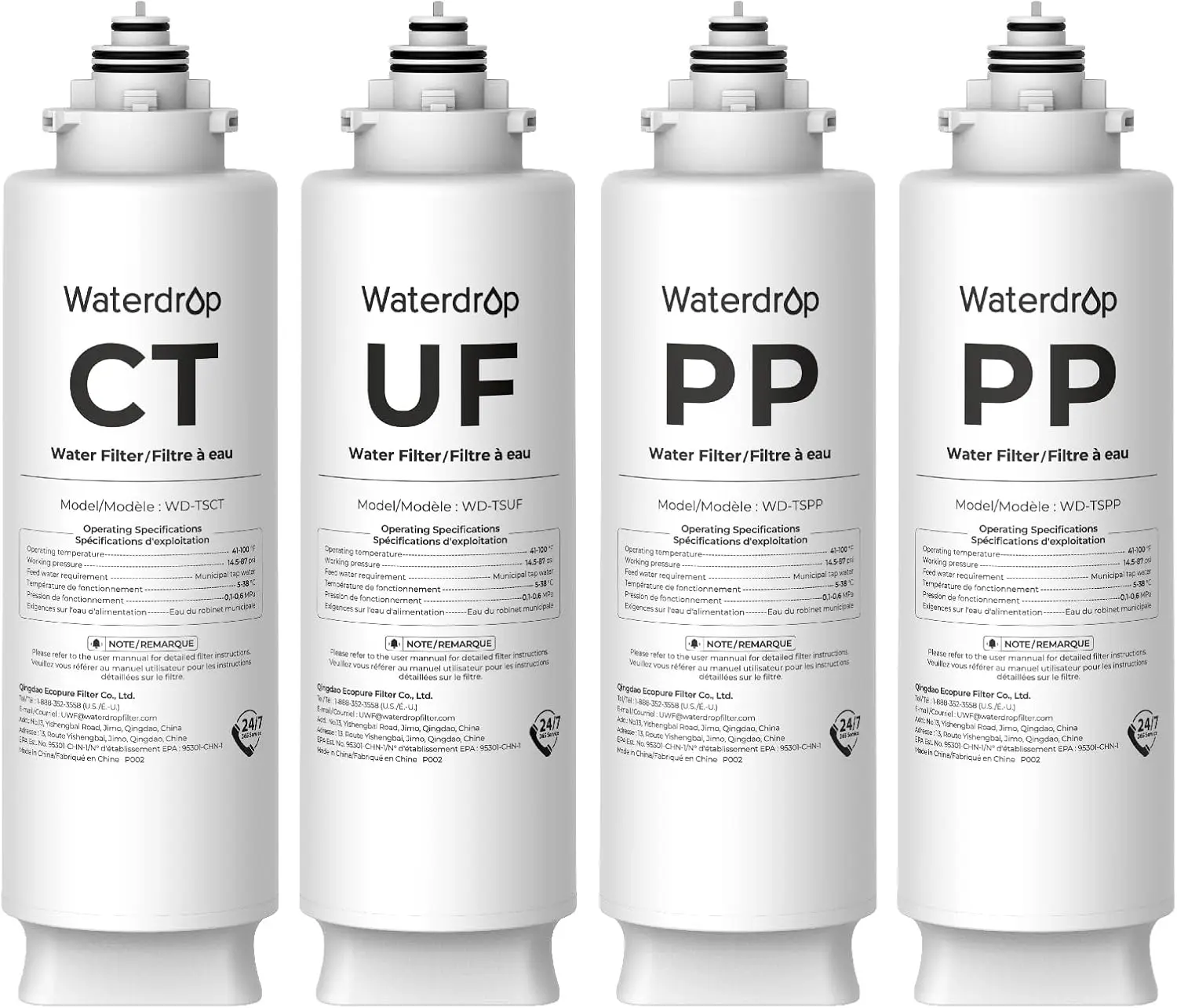 Waterdrop TS2PPCTUF Replacement Filter for TSU, 1-Year Replacement Pack 4-Pack (2 x TSPP, 1 x TSUF, 1 x TSCT), Replacement for Waterdrop TSU & TSU-WB Ultra-Filtration Under Sink Water Filter System