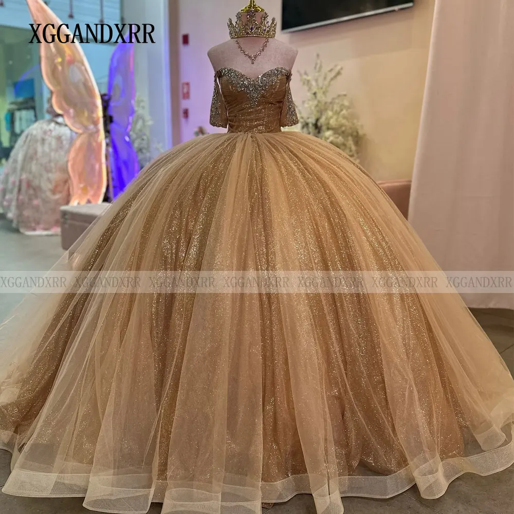Robe De bal dorée personnalisée, robes De Quincenara, paillettes, cristal, volants, couche douce 16, 15 robes De XV Aniver d'anniversaire, 2025