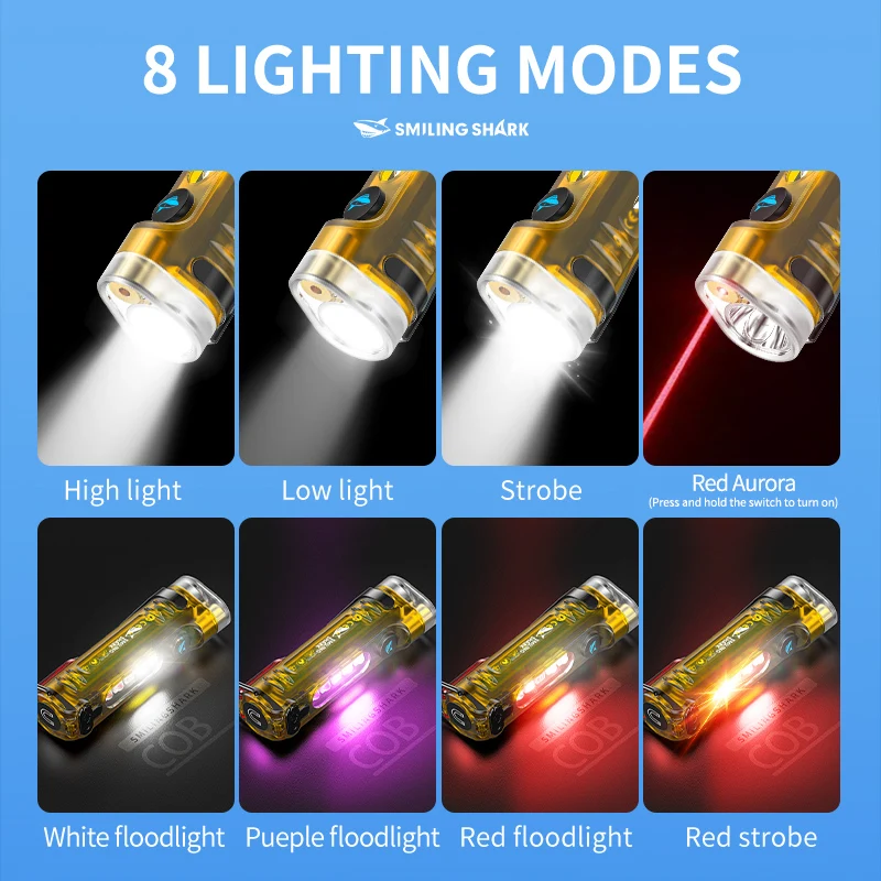 SMILING SHARK Mini Flashlight Key Chain Torch Light LED 8Mode COB Side Light Rechargeable Red Light Warning Light  TIP6060