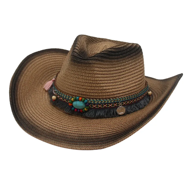 2023 Spring Summer Ethnic Style Western Straw Cowboy Hat Cross-border Foreign Trade Foldable Wind Proof Rope Tibetan Top Hat