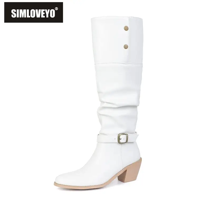 

SIMLOVEYO 2025 Новые винтажные женские ботинки с круглым носком на массивном каблуке 6,5 см, без шнуровки с пряжкой на ремне, большие размеры 41 42 43 Fashion Dating Bota
