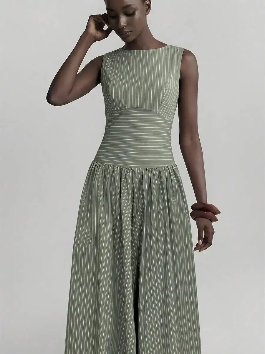 

Elegant Striped Sleeveless Ruched Waist Long Dress Military Green Casual Minimalist Chic