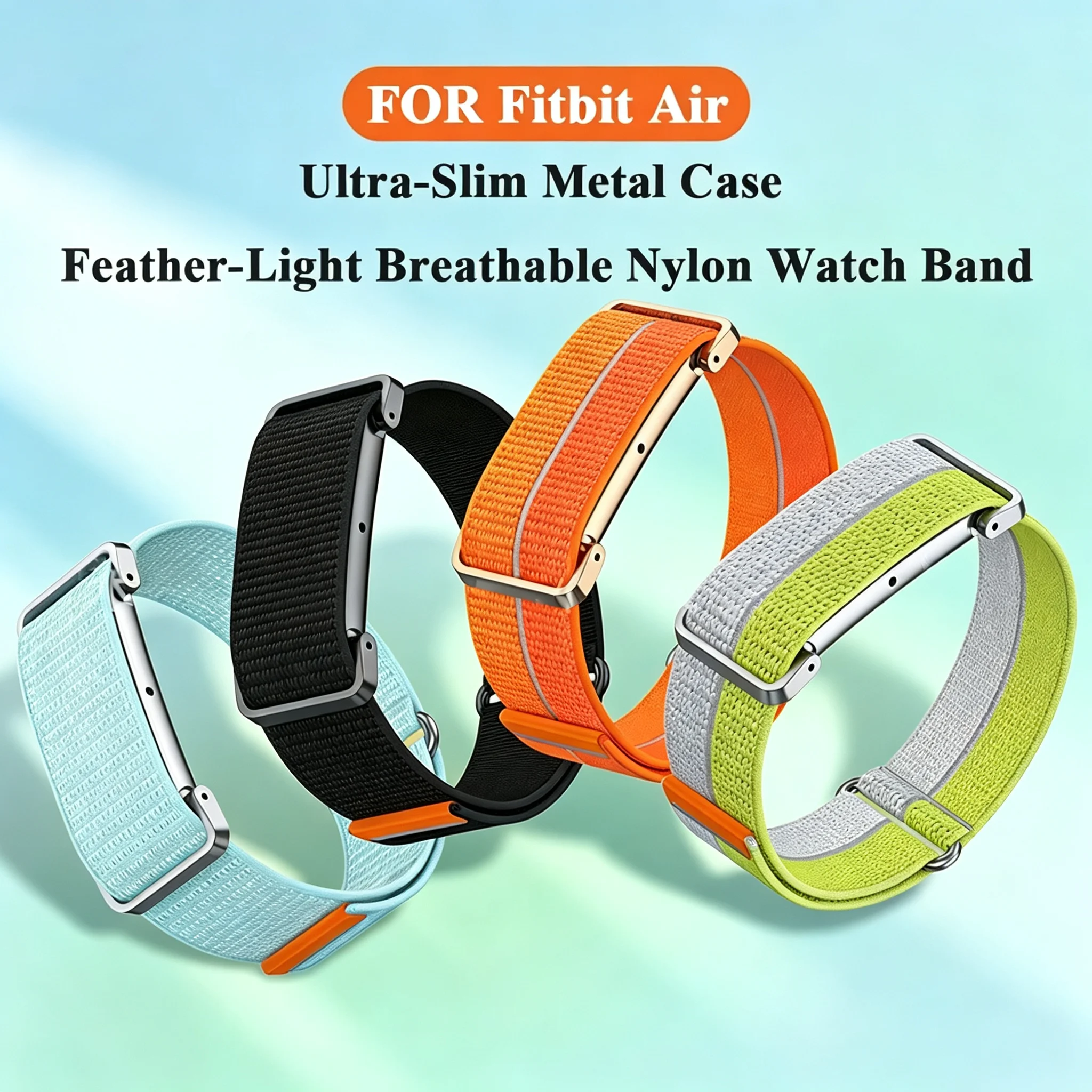 Metal Protective Case Nylon Strap For Google Fitbit Air Ultra-Slim Feather-Light Breathable Quick Release Replacement Wrist Band