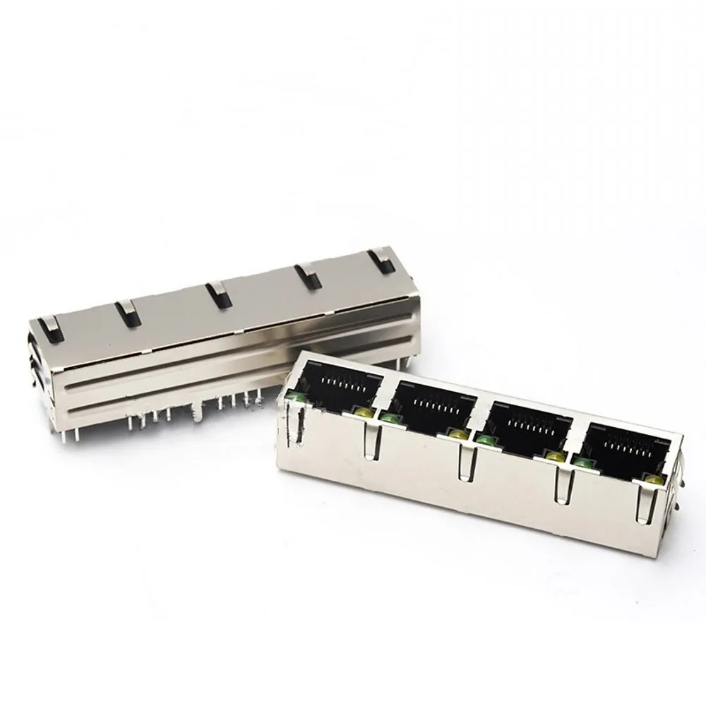 20PCS/Lot RJ45 8P8C 4 Ports Steel Shield Network Female Jack/Socket Connector 1*4P 90 Degree with LED