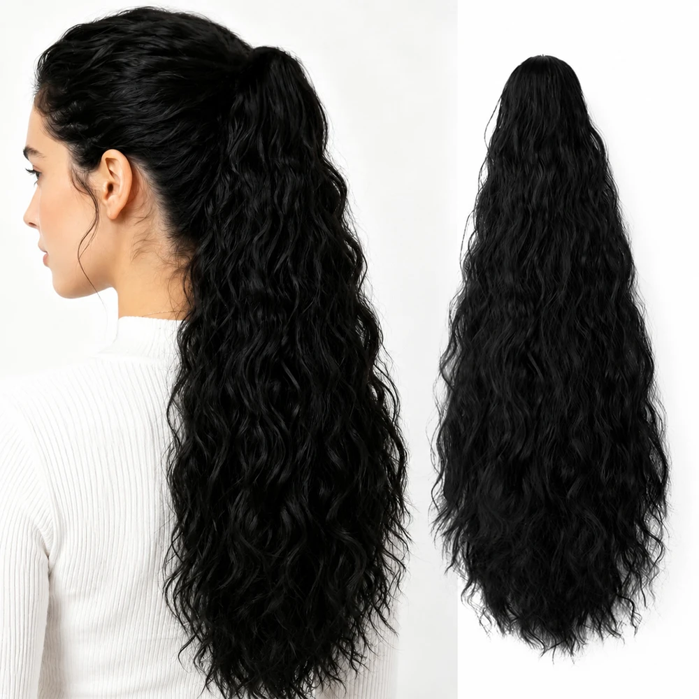 Synthetic Water Wave Claw Clip Ponytail Black Heat Resistant Fiber Fluffy Soft And Smooth Ponytail Hair Extensions For Women