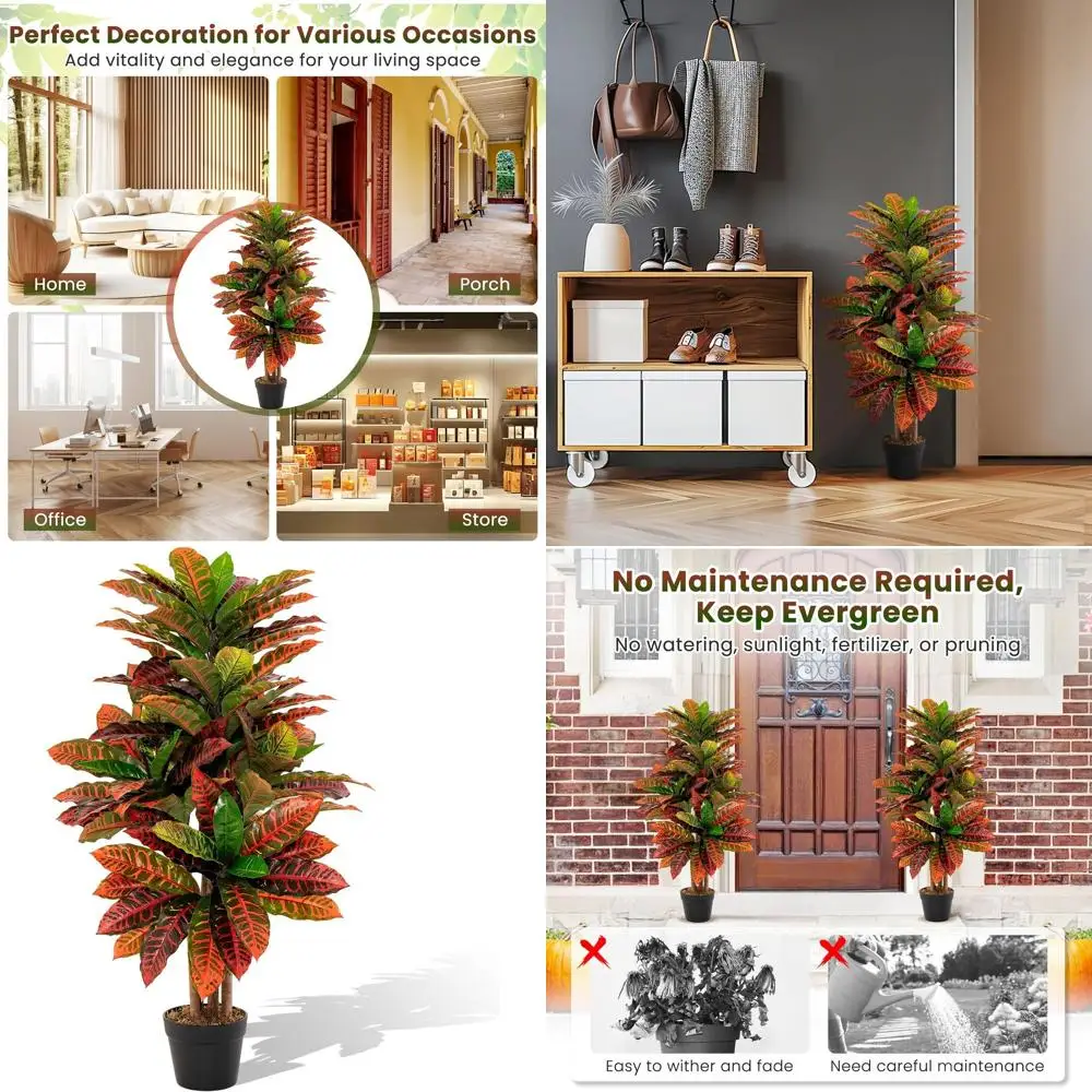 

Искусственное дерево Кротон высотой 40 см в горшке, с стволом из натурального дерева, градиентными листьями, подходит для использования дома или в офисе.