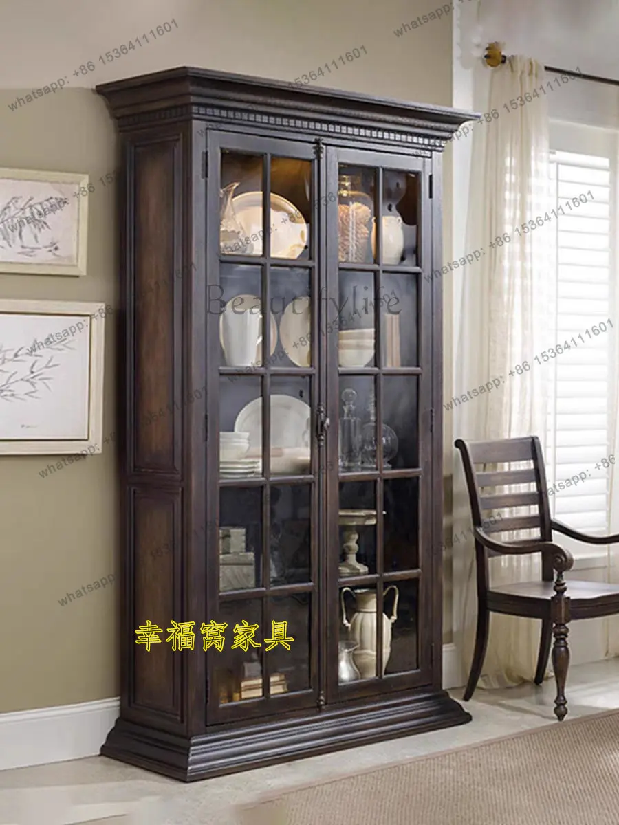 American rural solid wood old double door bookcase heaven and earth lock locker simple French retro