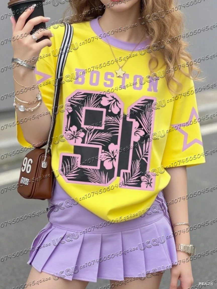 الصيف المألوف ليوبارد رقم 91 بوسطن طباعة الجولة الرقبة المرأة الأساسية تي شيرت قصير الأكمام المرأة تي شيرت بلايز عادية المحملة