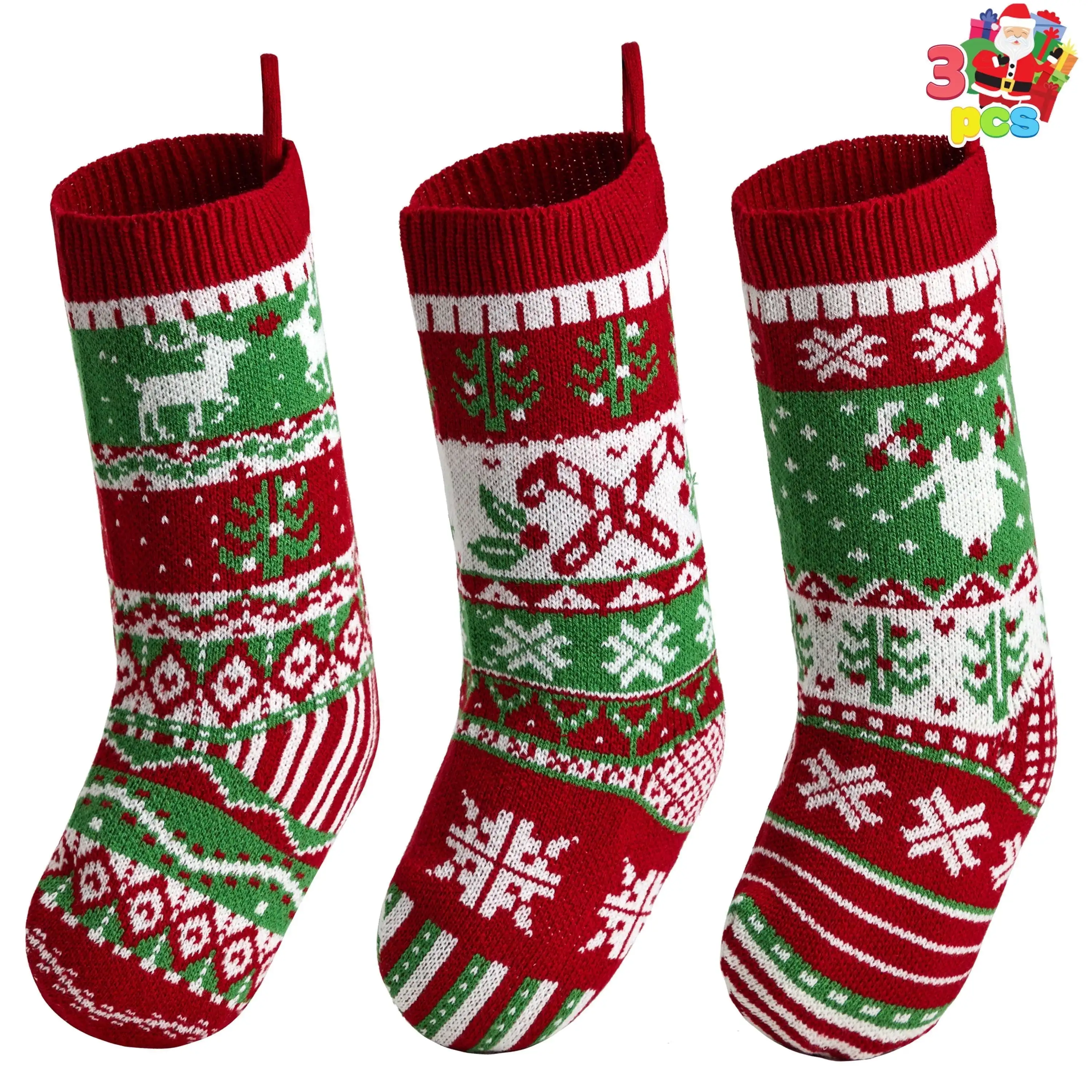 Joyfy 3 Pcs 18" Knit Christmas Stockings Large Rustic Cable Knit Xmas Stocking in Red & Green for Christmas Holiday Decorations