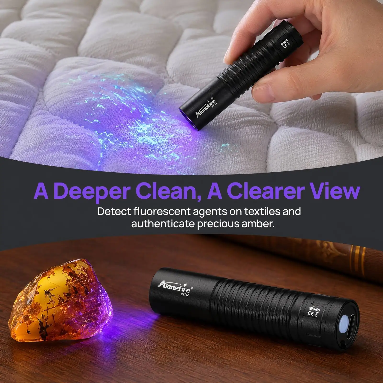 365nm/395nm Mini UV-LED-Taschenlampe USB-Aufladbar Nagellampe Fackel für Katzen Hunde Haustiere Urin Tinea Geld Edelsteine Skorpion Prüflampe
