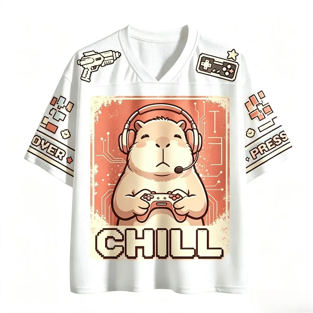 Gamer Capybara CHILL Graphic Men T Shirt Vintage Gaming Aesthetic Loose Mesh Short Sleeve Jersey