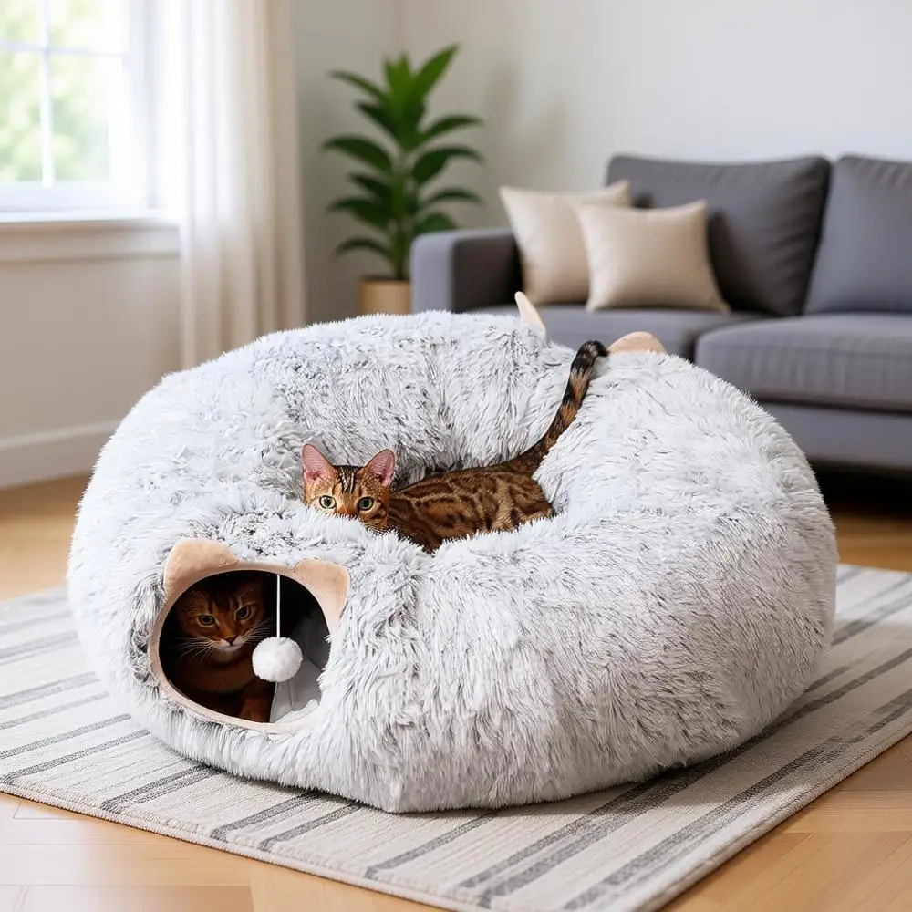 

Cat Tunnel with Bed for Indoor Cats, Soft Plush Peekaboo Cave Donut Tunnel, Multifunctional Playground Toys Hideplace for Kitten