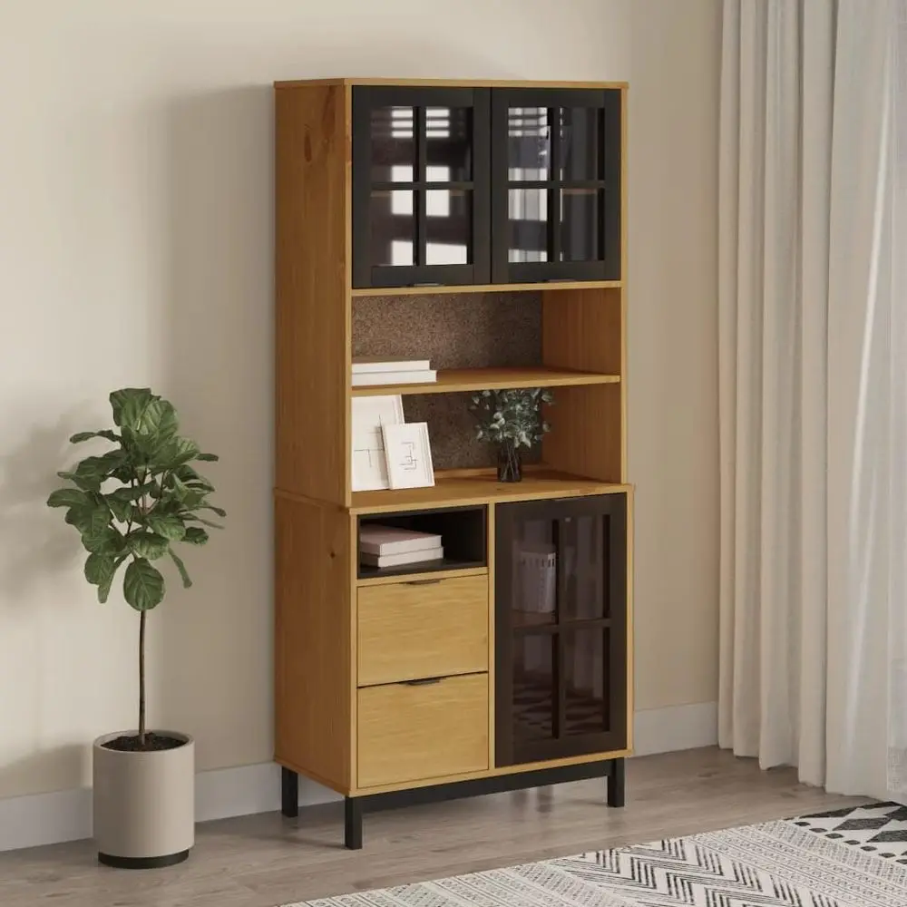 

31.5 Brown Solid Pine Tall Sideboard with Tempered Glass, Coffee Bar, Storage for Living/Dining Room & Kitchen Pantry