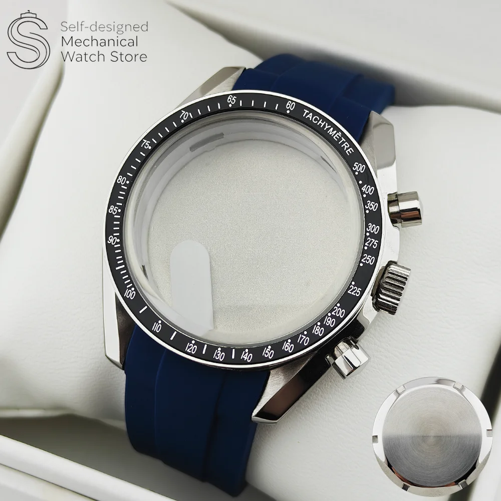 VK63 Case 39.7MM Deep Blue Rubber Strap Moon Case Watch Fit VK63 Metal Case 20mm Strap Fits For Speed Master VK63 Case VK64 Case