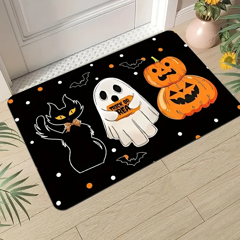 Spooky graphic welcome rug featuring trick or treat sign bats and polka dots suitable for boutique shops offices