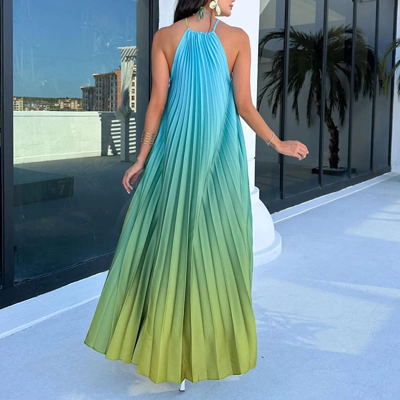 

Новое повседневное платье с открытыми плечами для отпуска, женское модное пляжное макси-платье без рукавов, длинное платье на бретельках с градиентным принтом и плиссировкой