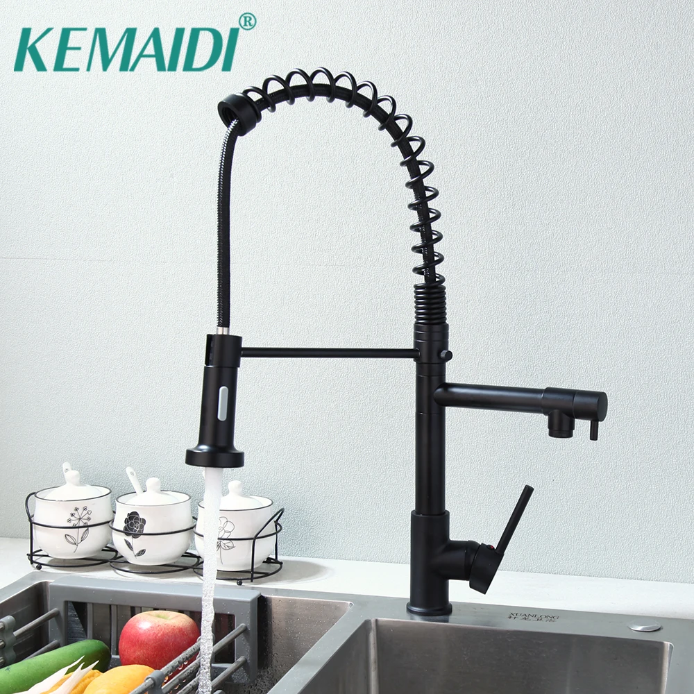 KEMAIDI Black Spring Pull Down Kitchen Sink Faucet Hot & Cold Water Mixer Crane Tap with Dual Spout Deck Mounted Faucets Taps