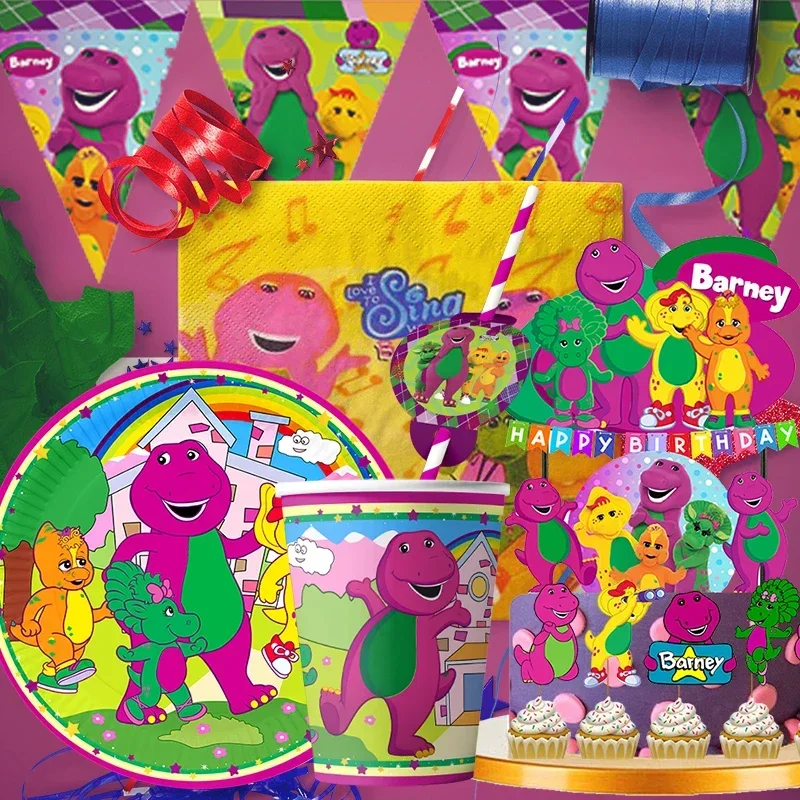 Barney Theme Birthday Party Decorations Cake Topper Birthday CUP Napkin PLATE Straw Swirls Stickers  KidsParty Supplies Decor