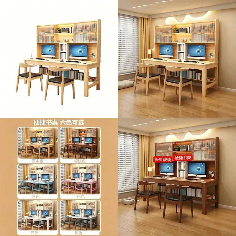 Solid Wood Double Computer Desk with Bookshelf Extended Writing Table Storage Study Station for Students Home Office Use