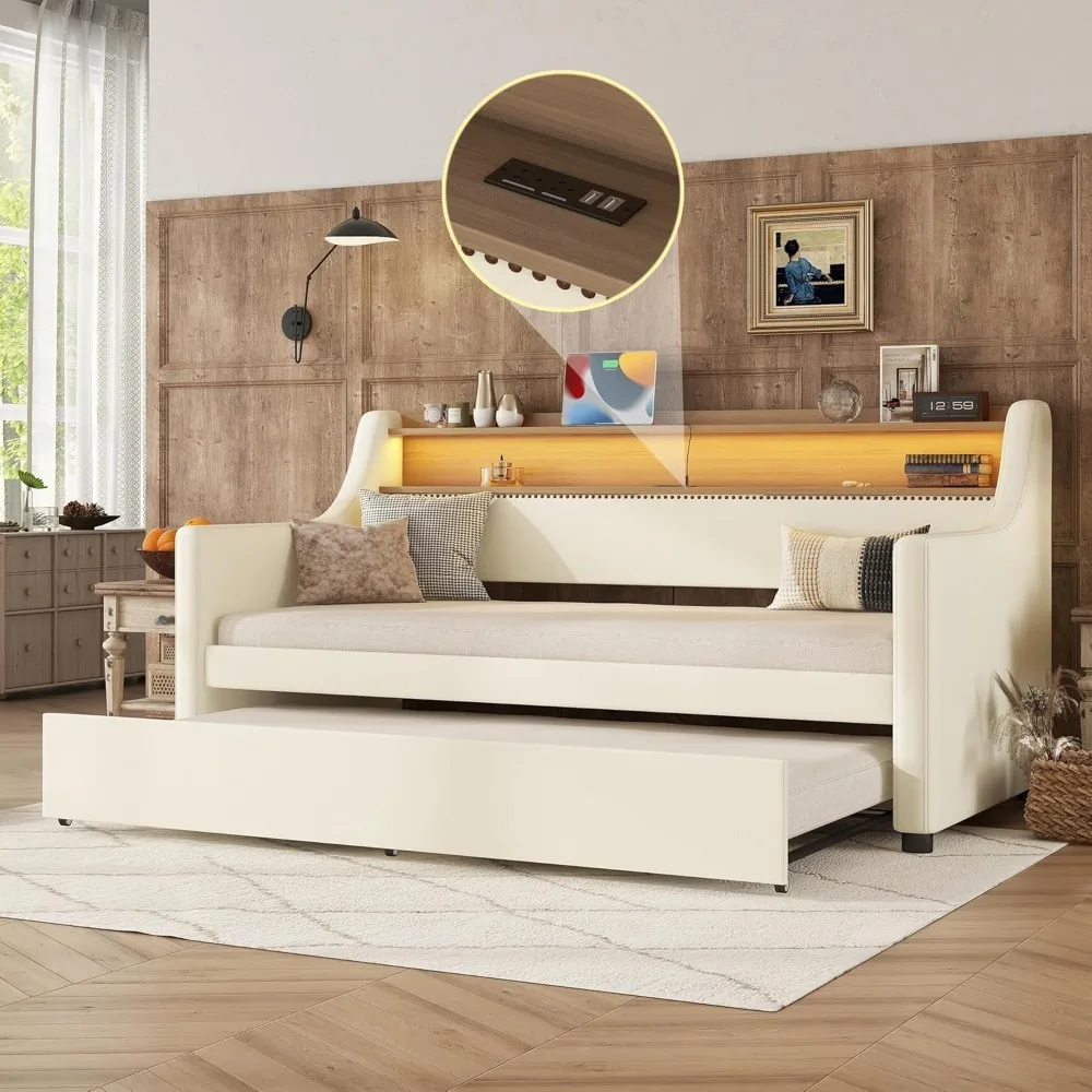 

Twin Size Daybed Upholstered with Trundle,Upholstered Daybed with Charging Station and LED Lights, PU Daybed Sofa Bed with Slat