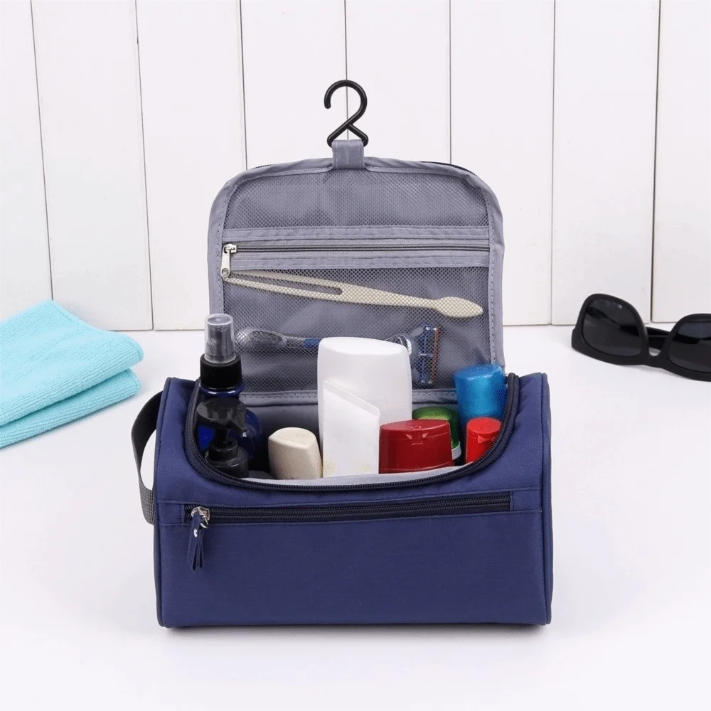 Large Capacity Travel Toiletry Bag Solid Color Nylon Portable Cosmetic Bag Hook Wall Mounted Multi-functional Bath Organizer Bag