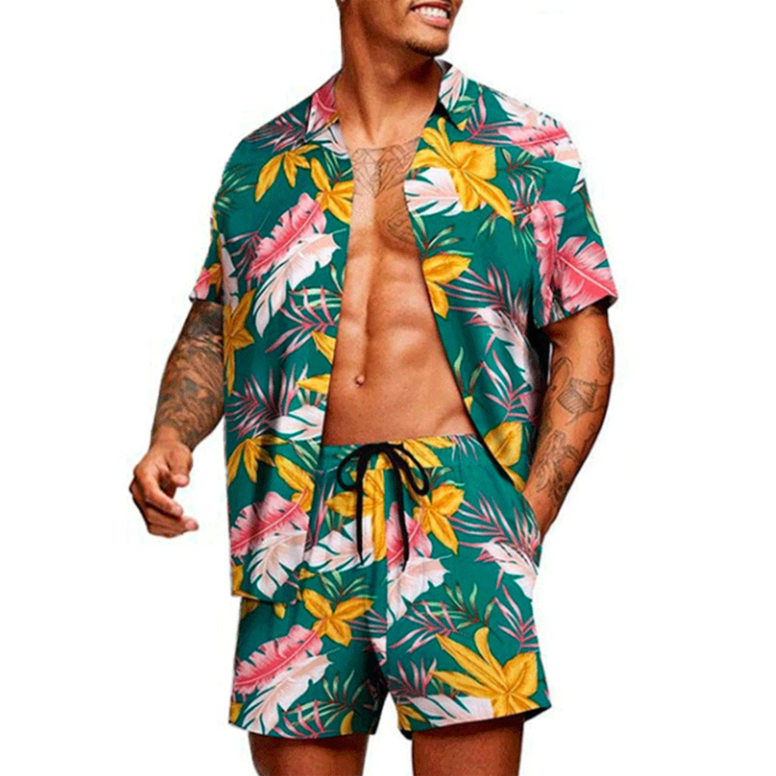 

Men's Hawaiian shirt lothing Short-sleeved Shirt Set Hawaiian Casual 3D Hemp Palm Printed Suit Perfect Summer Vacation Sets