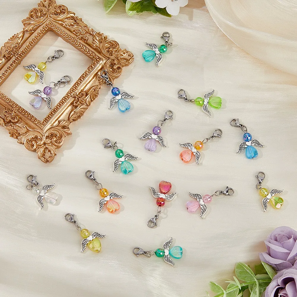 36Pcs 9 Colors Transparent Acrylic Angel Charm Decorations with 304 Stainless Steel Lobster Claw Clasps Mixed Color 33mm - view 5