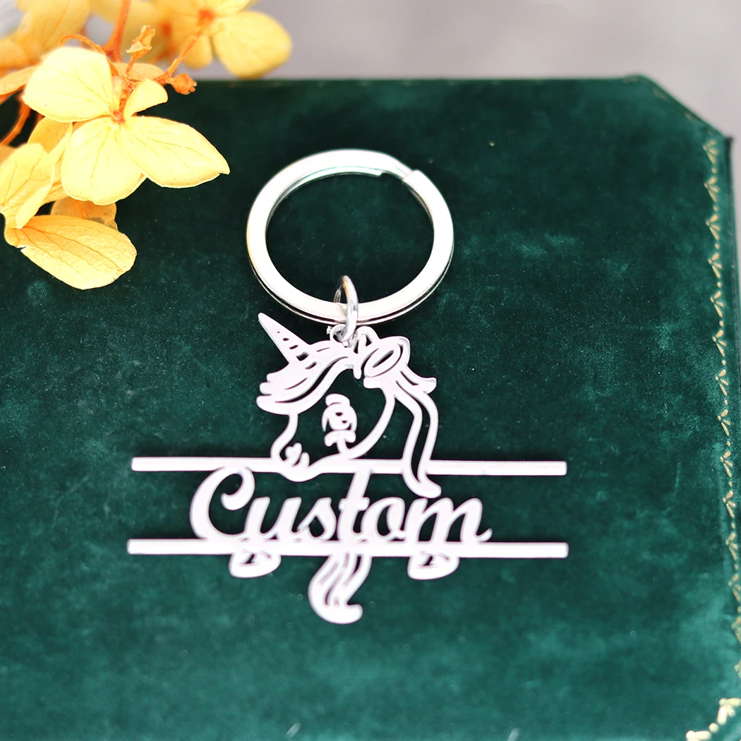 QIAMNI Cartoon Horse Cute Unicorn Custom Name Keychain Fashion Creative Stainless Steel Keyring Car Bag Pendant Gift Jewelry