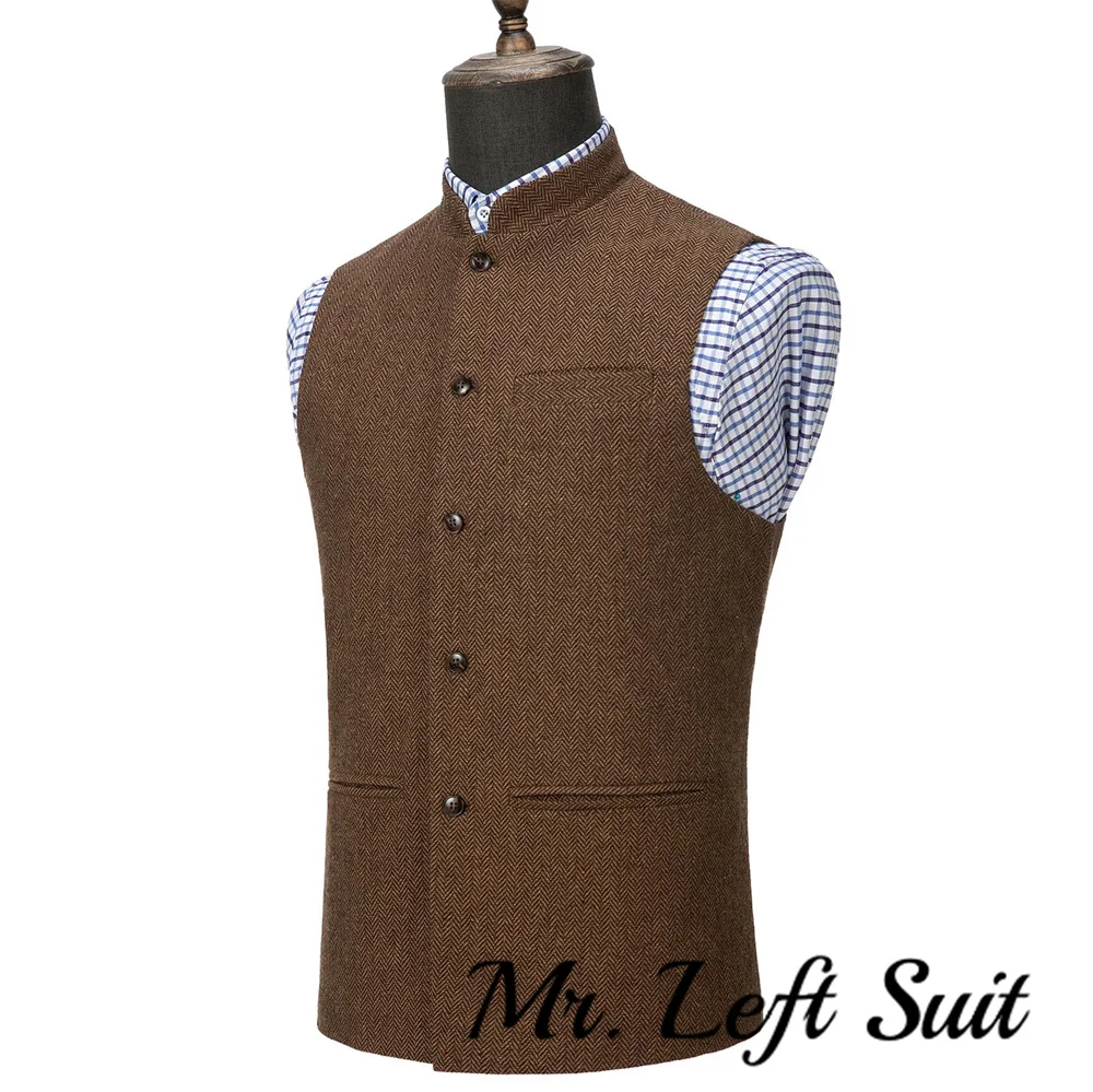 Men\'s Suit Vest Herringbone Wool Tweed Stand-up Collar Slim Fit Waistcoat Groom Costumes Clothing For Men Wedding Vest