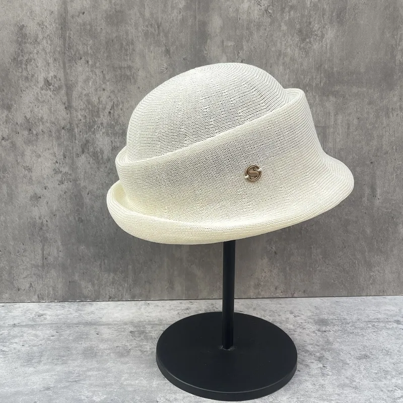Women's Spring Summer White Short Brim Round Top Curved Fedora Bucket Hat