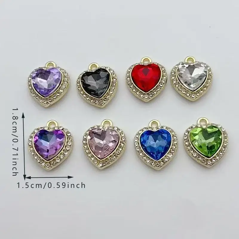 10pcs heart-shaped inlaid colorful gemstone pendant, fresh style DIY jewelry, bracelet, necklace, earring making accessories view 6