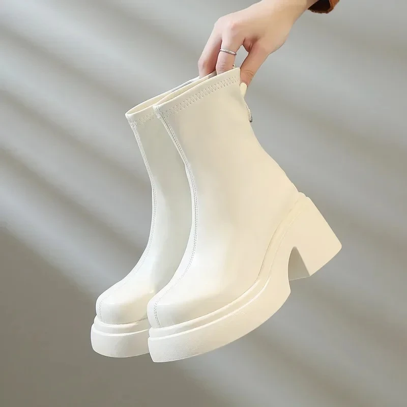 

High Quality Thick Bottom Ankle Boots for Women Spring Autumn Fashion Black White Women's Shoes New High Heels Botas Para Mujer
