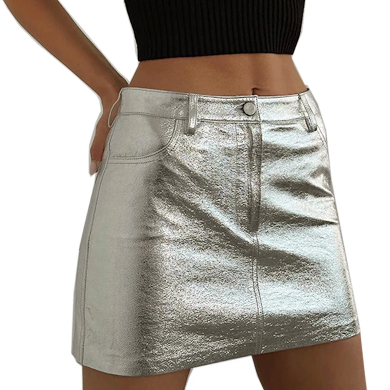 

Women Leather Night Clubwear Skirts Summer Silver PU-leather Zipper Sexy A-Line Leather Mini Skirts Faldas Mujer Moda 2023