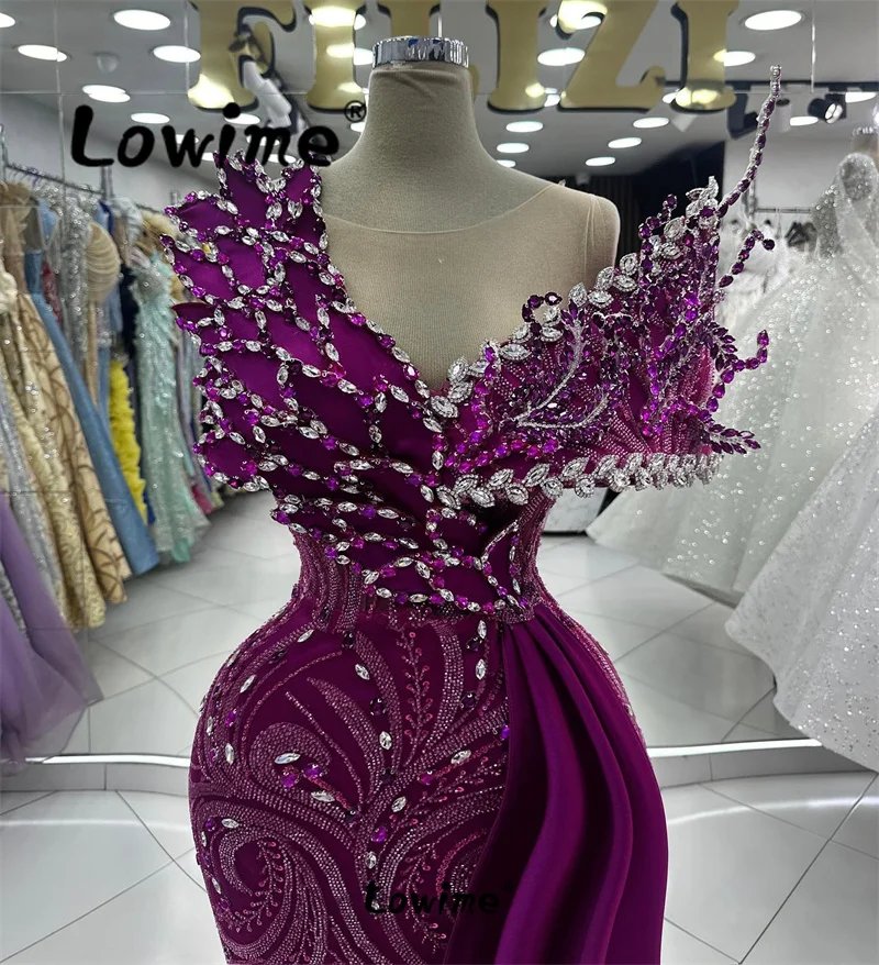 Arabic Crystals Off Shoulder Mermaid Prom Dresses Purple Evening Party Second Reception Wedding Engagement Gowns With Side Train