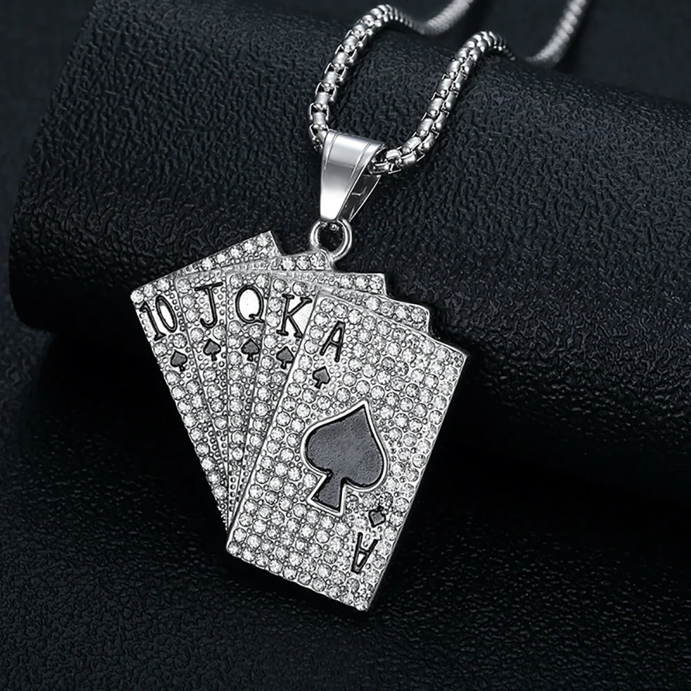 Hip Hop Full Crystal Stainless Steel Poker Card Ace of Spades Pendant Necklace For Men Women Fashion Playing Cards Jewelry Gift