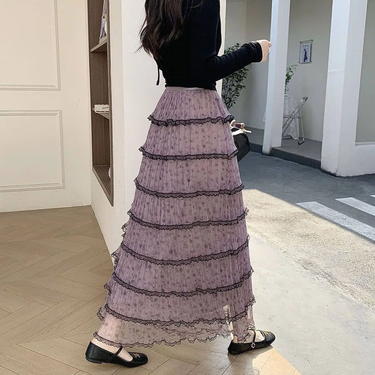 

Spring 2026 New Style Purple Chiffon Skirt Women's High Waist Cake Skirt Draped Sensation Half Body Skirt Casual Polyester Fiber