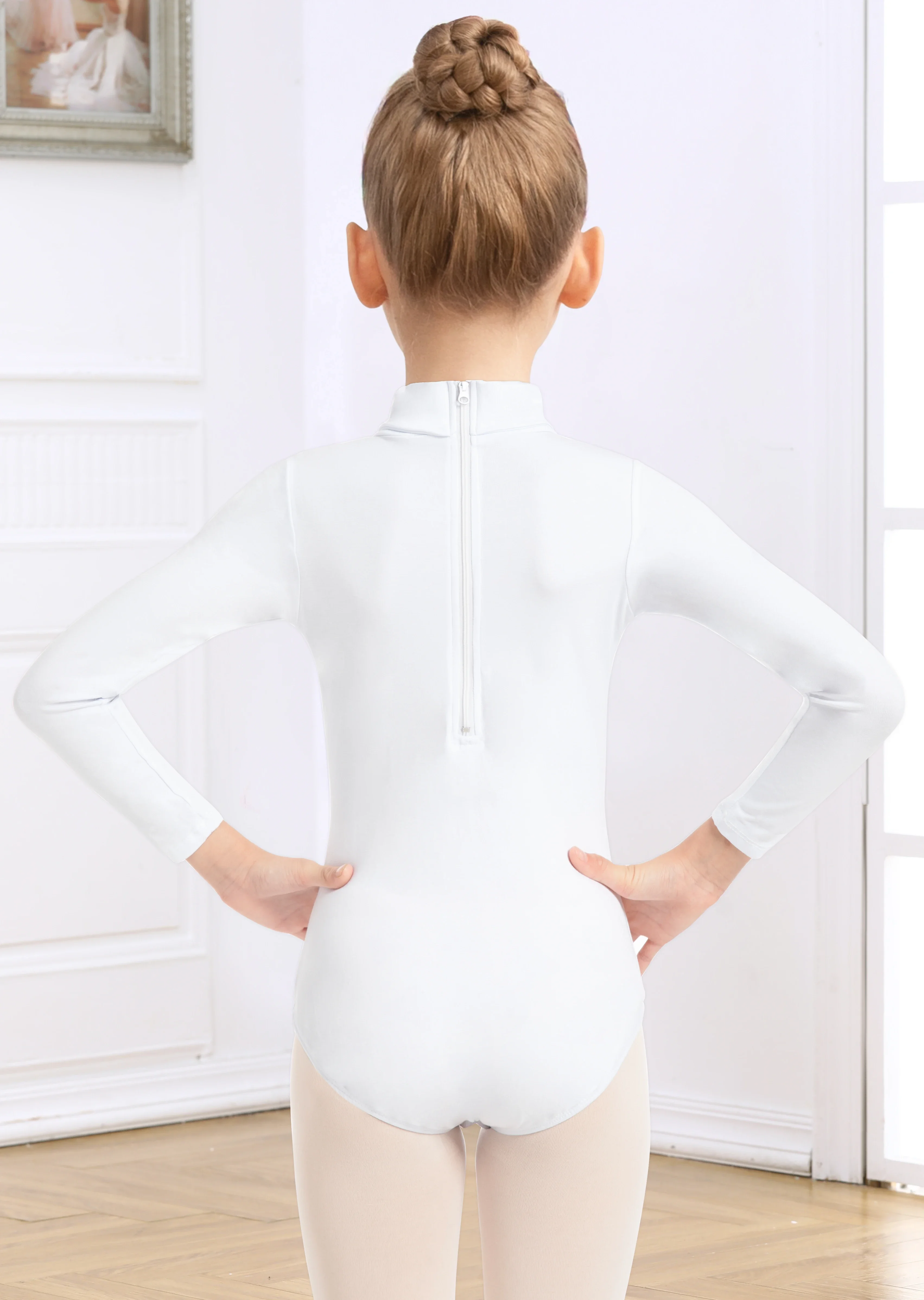 Girls' Team Basic Turtleneck Long Sleeve Leotard with Durable Snaps, Front Lining, Zipper Back