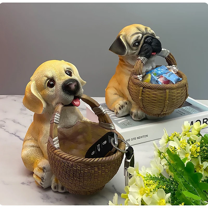 

Simulated Labrador Storage Basket Cute Pug Dog Resin Statue Ornaments Home Room Decoration Key Candy Snack Storage Basket Gift