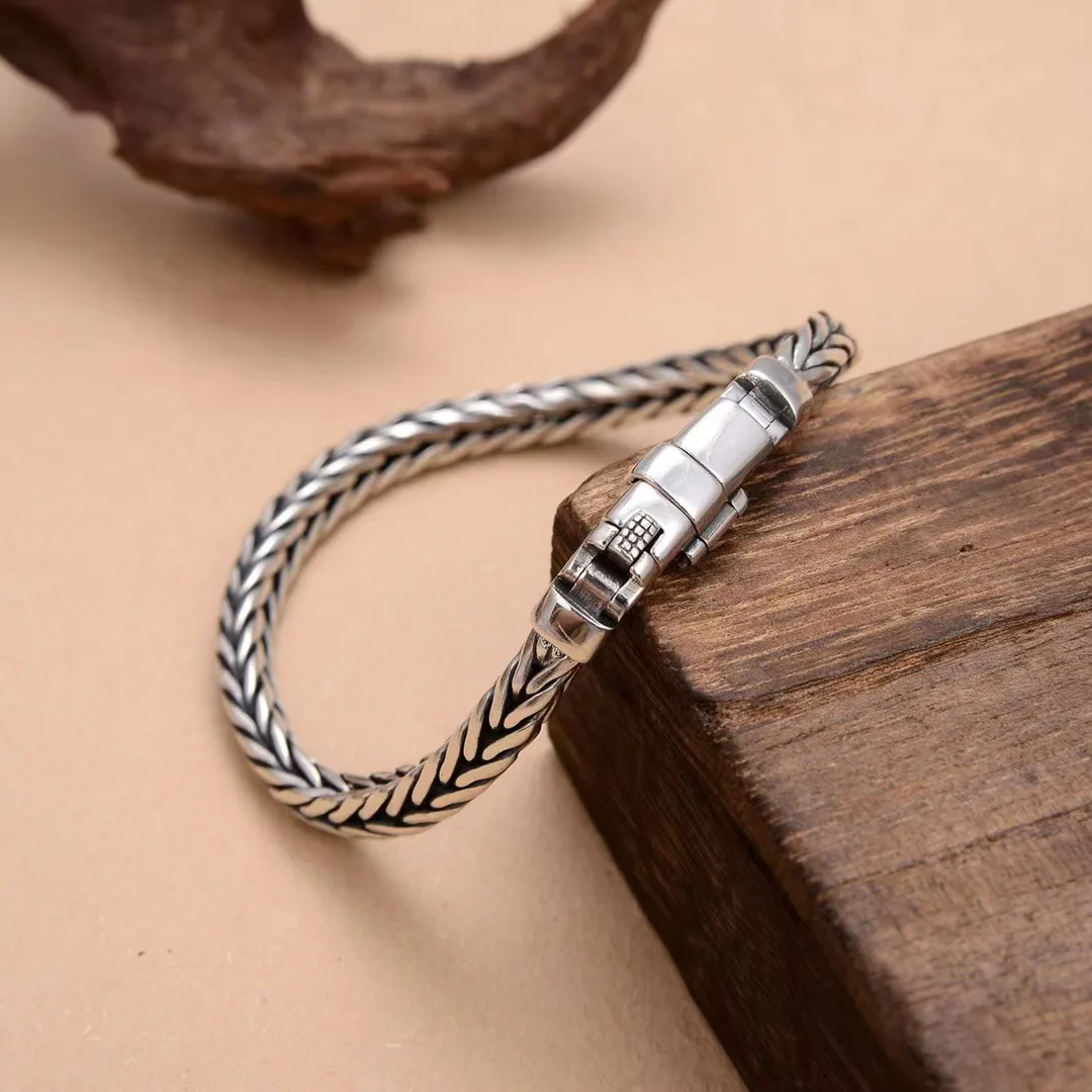 New S925 Sterling Silver Retro Silver Simple Wind Hand Woven Bracelet Men\'s Versatile Bracelet Trend Hand Jewelry Bangle